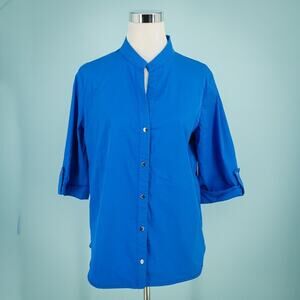 Rinascimento Size Large L Blue Button Front Short Elbow Length Sleeve Cotton Top